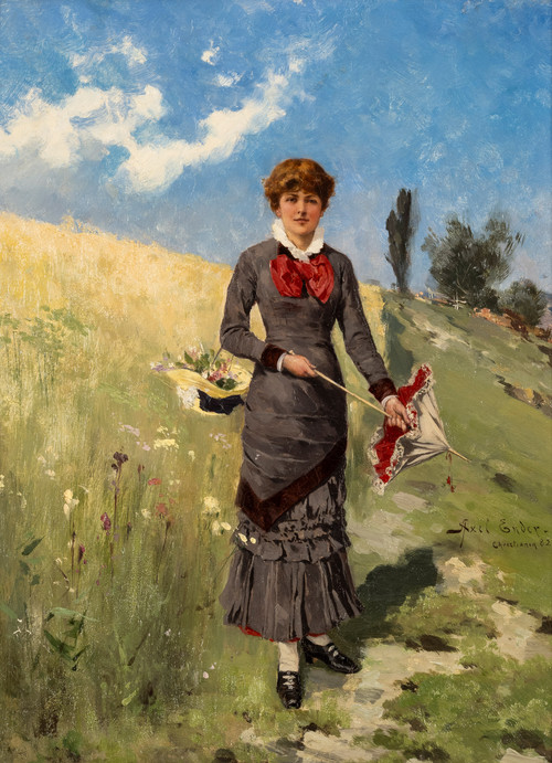 Ender, Axel (1853-1920), Ung kvinne i blomstereng 1882