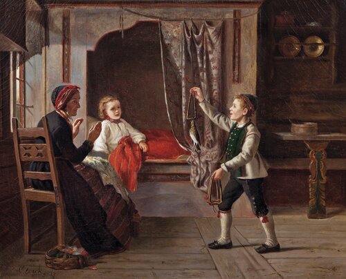 Interior with woman and two children