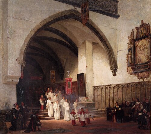 Katolsk prosesjon i kirkeinteriør 1876