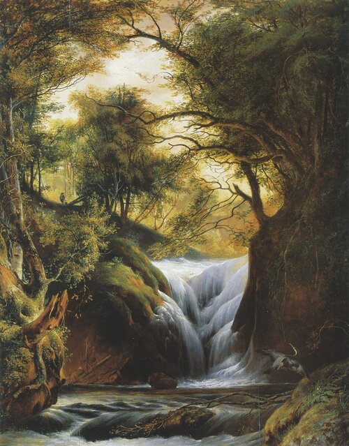 Hunter in Forest Landscape with Waterfall 1825