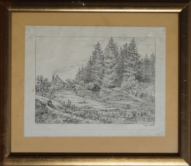 Dahl, Johan Christian (1788-1857), Furuskog med hytte 1828