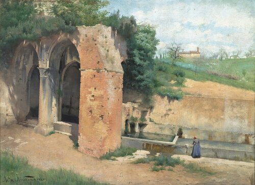 Ved en vannkilde med antikk ruin, Italia