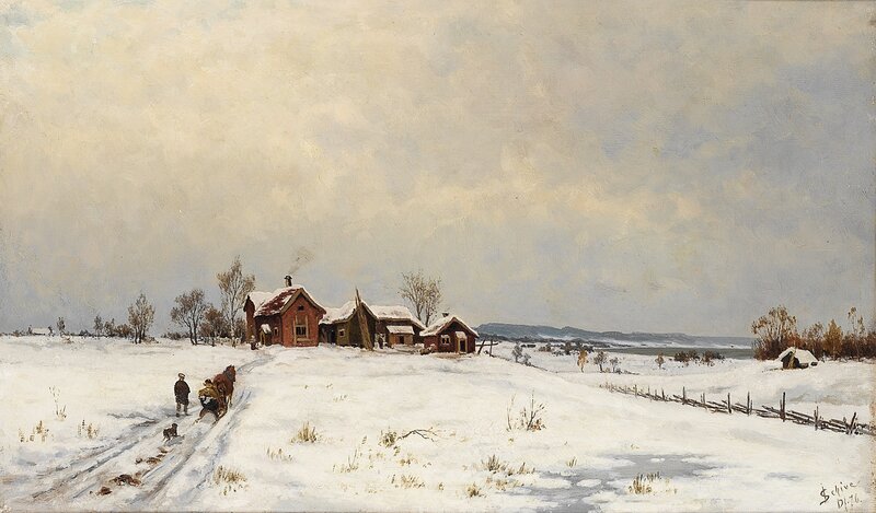 Vinterlandskap med gårdsbruk og folkeliv 1876