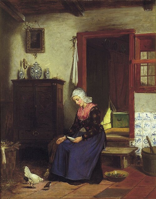 Kjøkkeninteriør med kvinne, høne og vaktler 1876