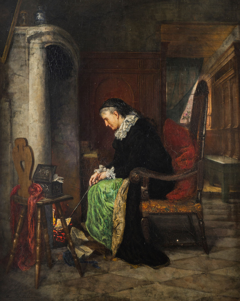 Dietrichson, Mathilde (1837-1921), Historisk interiør med kvinne