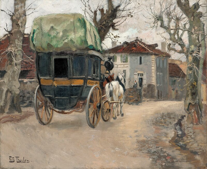 Two Horses and a Carriage in a Village Street