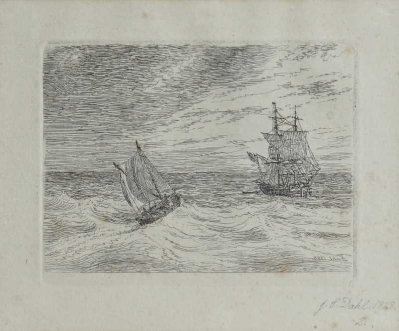 Dahl, Johan Christian (1788-1857), Brigg og losbåt 1828