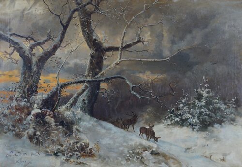 Vinterlandskap med hjort, ettermiddagslys 1888