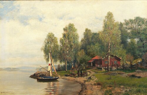 Fjordlandskap med seilbåt og folkeliv 1886