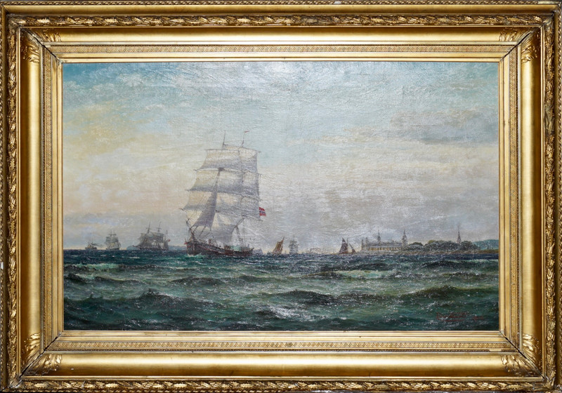 Skari, Edvard (1839-1903), Fartøyer utenfor Kronborg Slott, Helsingør 1902
