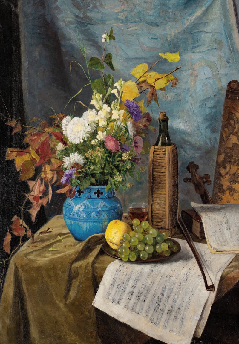 Still Life with winebottle, flowers and fruit 1890