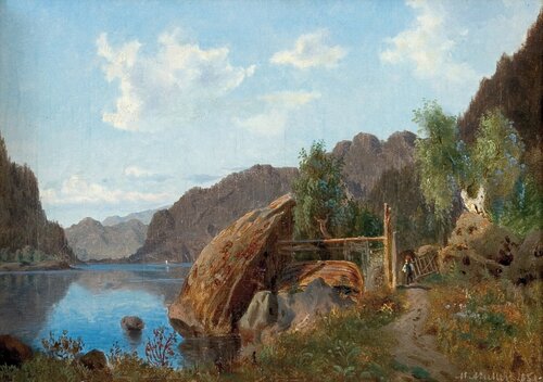 Fjordlandskap med mann og båt 1851