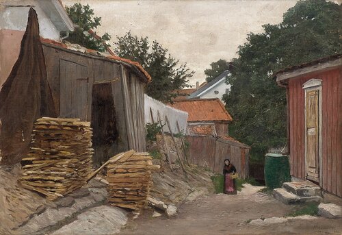 Gående kvinne i småbyinteriør 1896