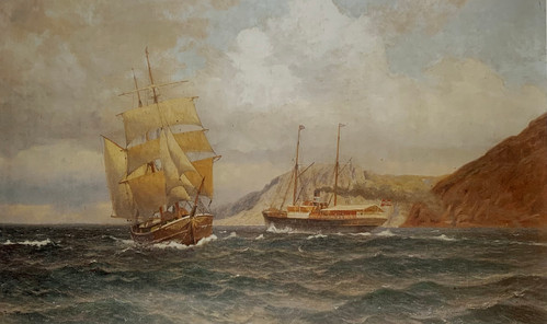 Dampskip og seilskute ved norsk kyst