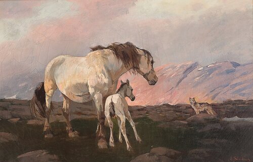 Mare with foal and a wolf in the mountains
