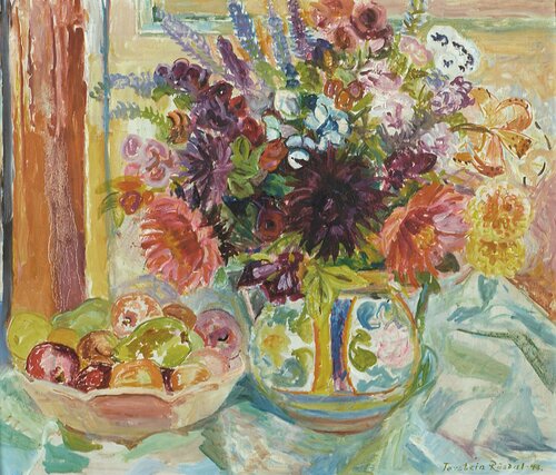 Oppstilling med blomster i vase og frukt 1948
