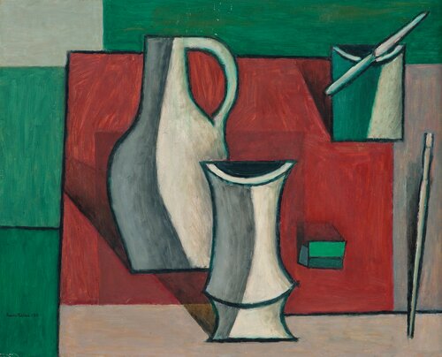 Tiller, Lars, Oppstilling med vase, krukker og pensler 1955, 1955