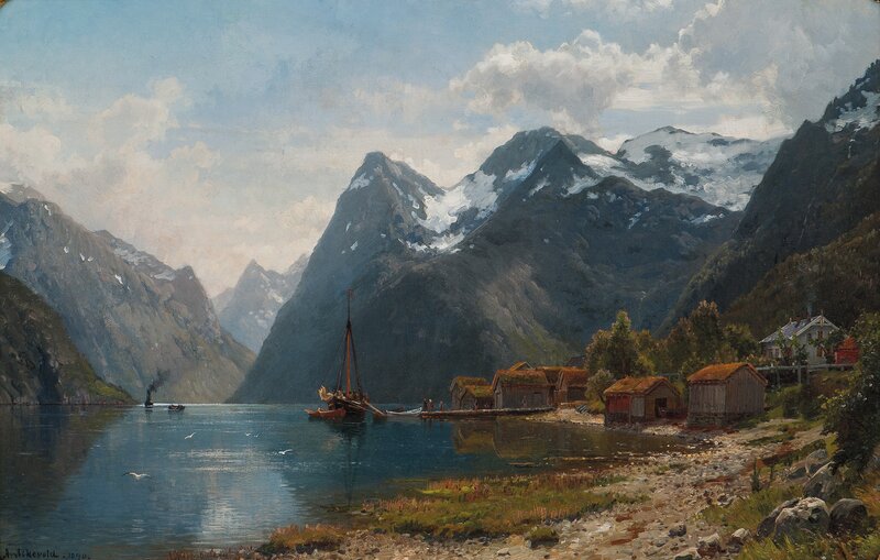 Fjordlandskap med folkeliv, dampbåten kommer 1890