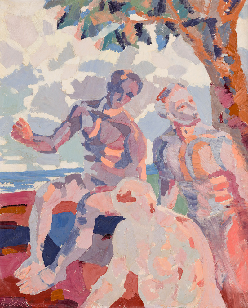  Three figures in a coastal landscape