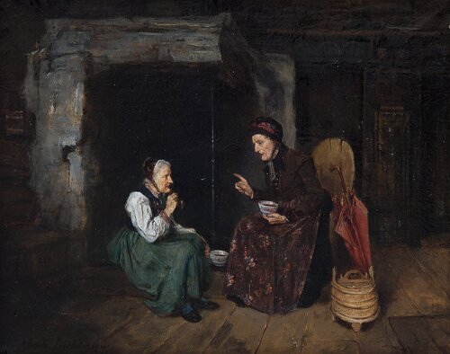 Two women by the fireplace