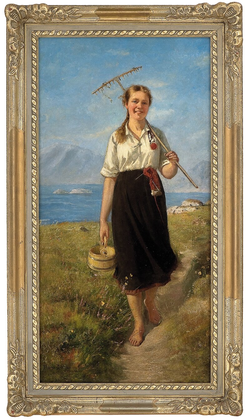 Girl with rake and wooden box