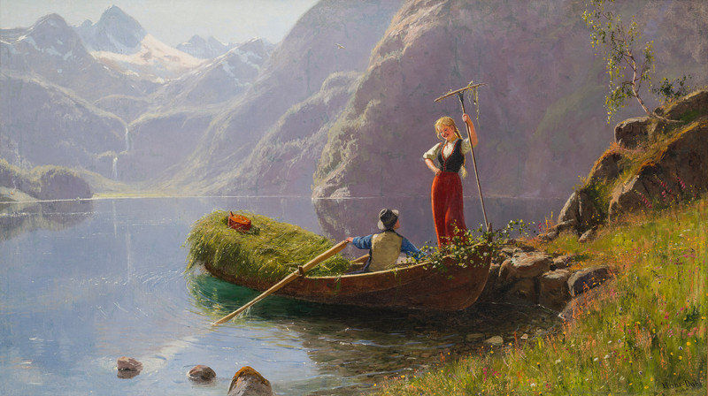Dahl, Hans (1849-1937), Fjordlandskap med folkeliv, innhøsting