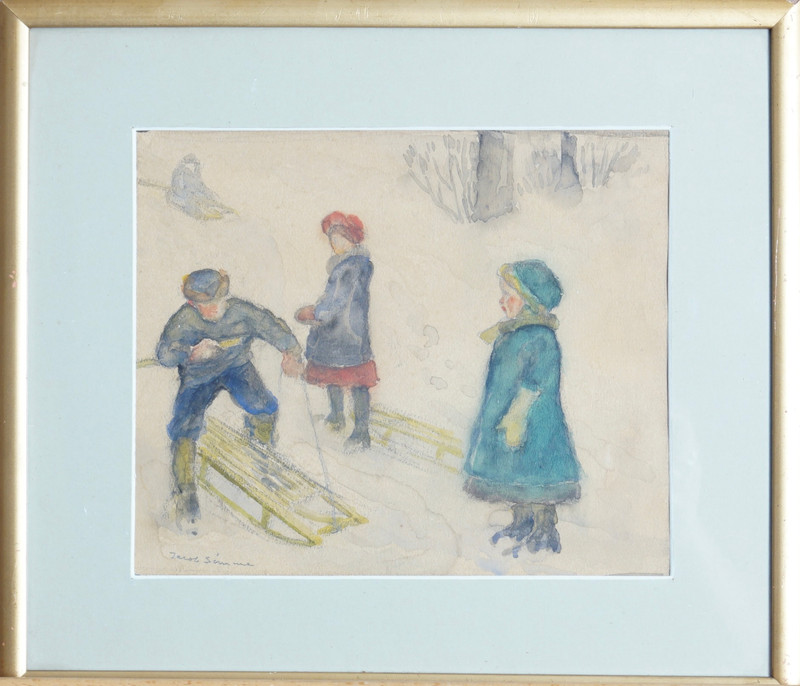 Sømme, Jacob (1862-1940), Barn med kjelker, vinter