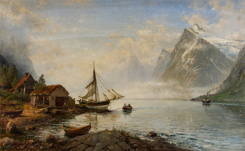Fjordlandskap med folkeliv, fra Sunnmøre 1894