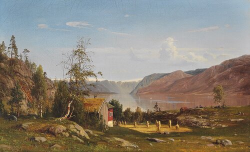 Fjordlandskap med høystakker 1870