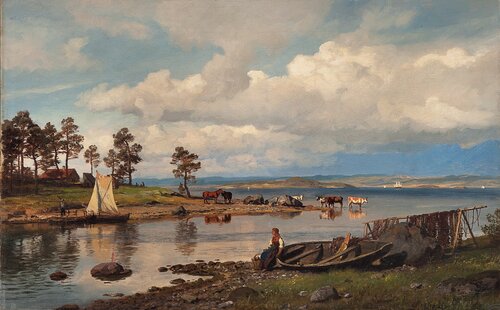 Fjordlandskap med folkeliv 1875