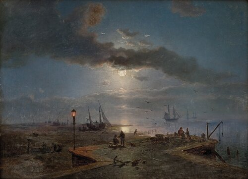 Havneparti i måneskinn 1857