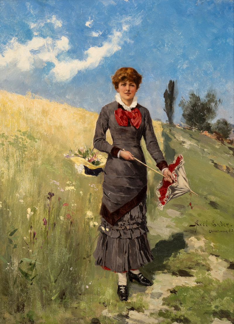 Ender, Axel (1853-1920), Ung kvinne i blomstereng 1882