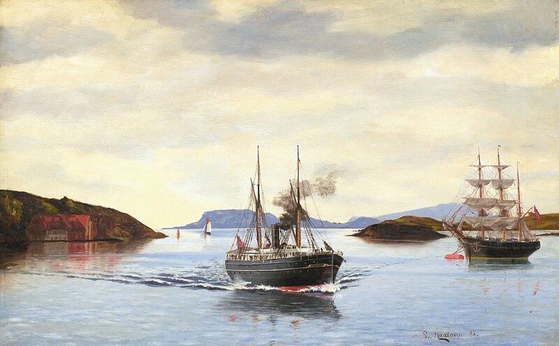 Dampskipet Kong H og seilskute i kystlandskap 1882