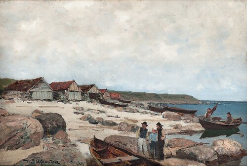 Kystlandskap med fiskere, naust og robåter 1885