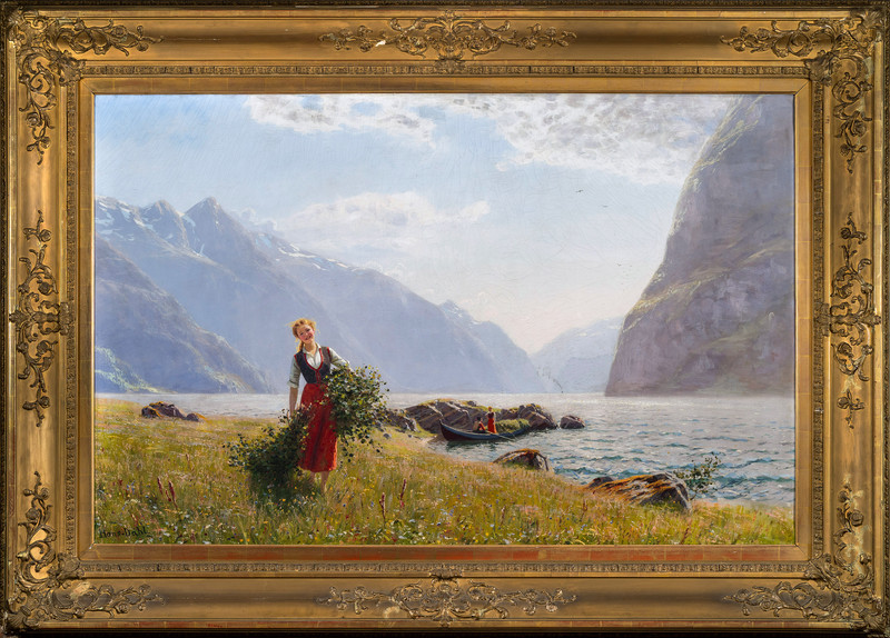 Dahl, Hans (1849-1937), Fjordlandskap med folkeliv