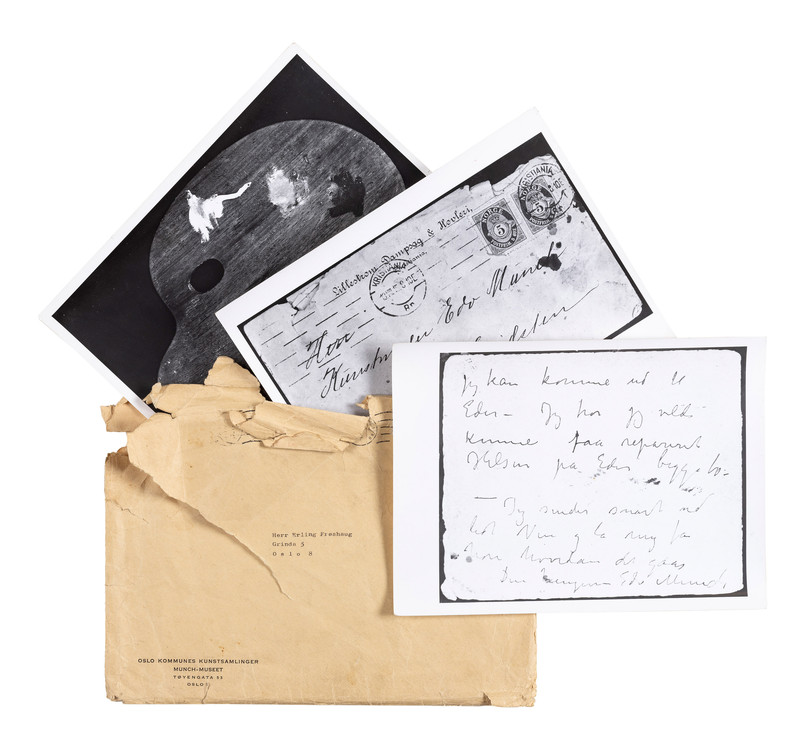 Palett, staffeli, brev og konvolutt, Fire objekter fra Edvard Munchs eie
