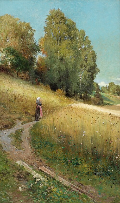 Autumn Landscape with Woman by a Corn Field