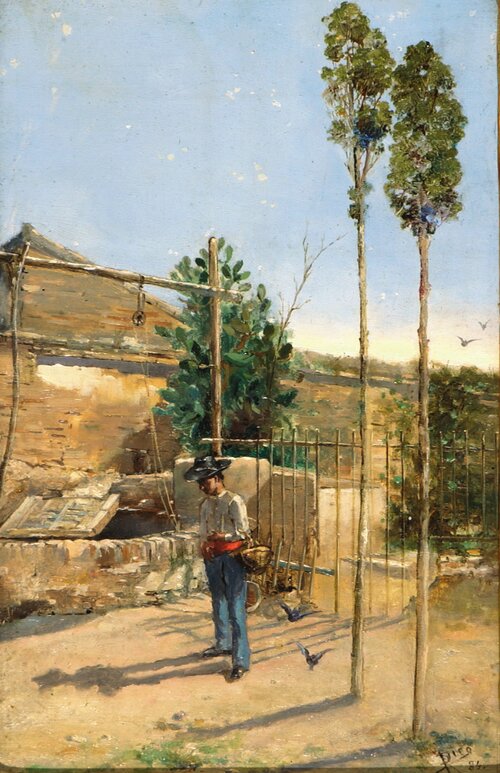 Mann med kurv ved brønn 1886