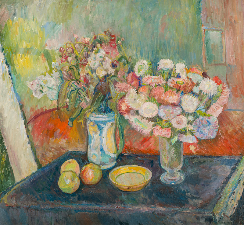 Wold-Torne, Oluf (1867-1919), Oppstilling med asters og levkøyer*, 1915