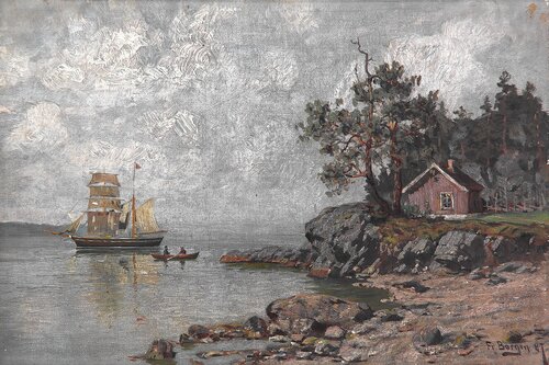 Skjærgårdslandskap med seilskute 1887