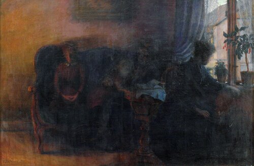 Kvinner, mann og barn i interiør 1894