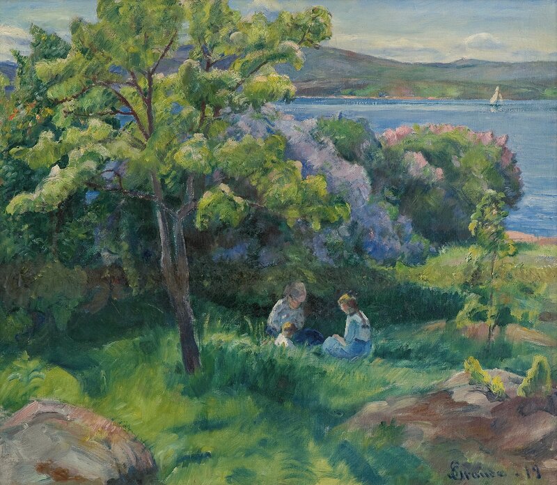 Woman and children in summer landscape