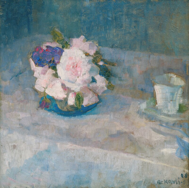 Oppstilling med blomster og kaffekopp 1908