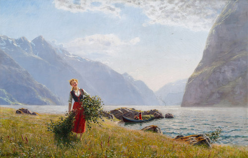 Dahl, Hans (1849-1937), Fjordlandskap med folkeliv