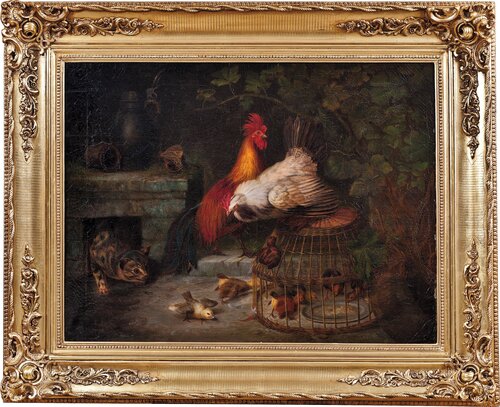 Rooster, hen, chickens and cat