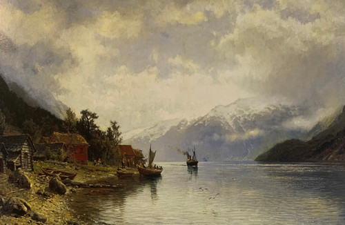 Fjordlandskap med dampbåt 1890