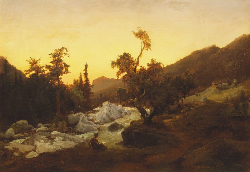 Kvinne ved elvestryk i skogslandskap 1845