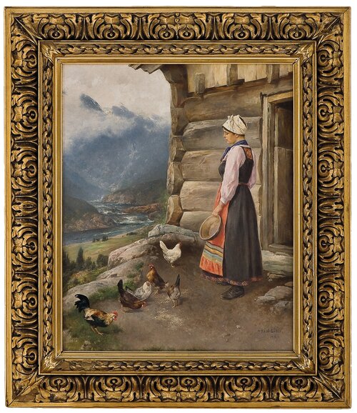 Milkmaid with hens and a cock