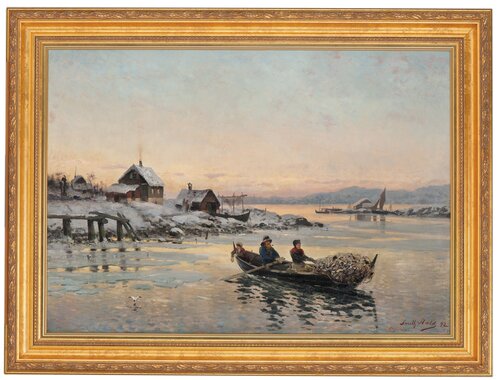 Vinterlandskap med garnfiskere i robåt 1892