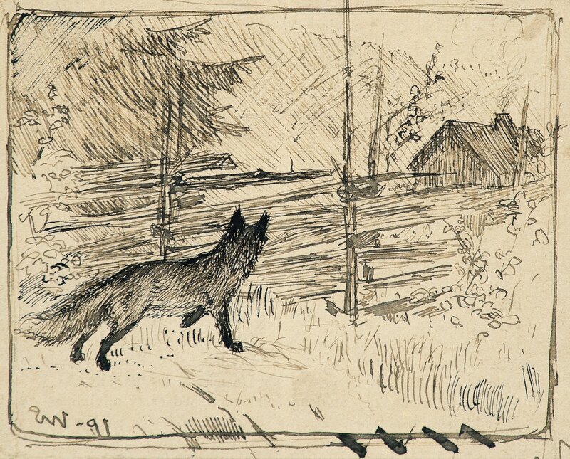 Fox by a wooden fence 1891